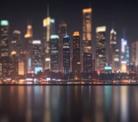 Fototapeta premium A nighttime cityscape with a reflection of the city skyline in a body of water, creating a visually striking and dynamic scene.