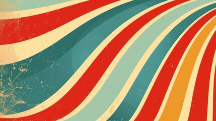 A vibrant, retro-inspired design featuring wavy stripes in red, blue, and orange, evoking a sense of nostalgia.