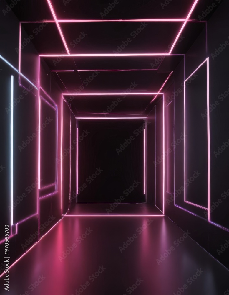 Leinwandbilder A long, dark corridor with a series of rectangular lights arranged in a grid-like pattern, creating a sense of depth and perspective.
