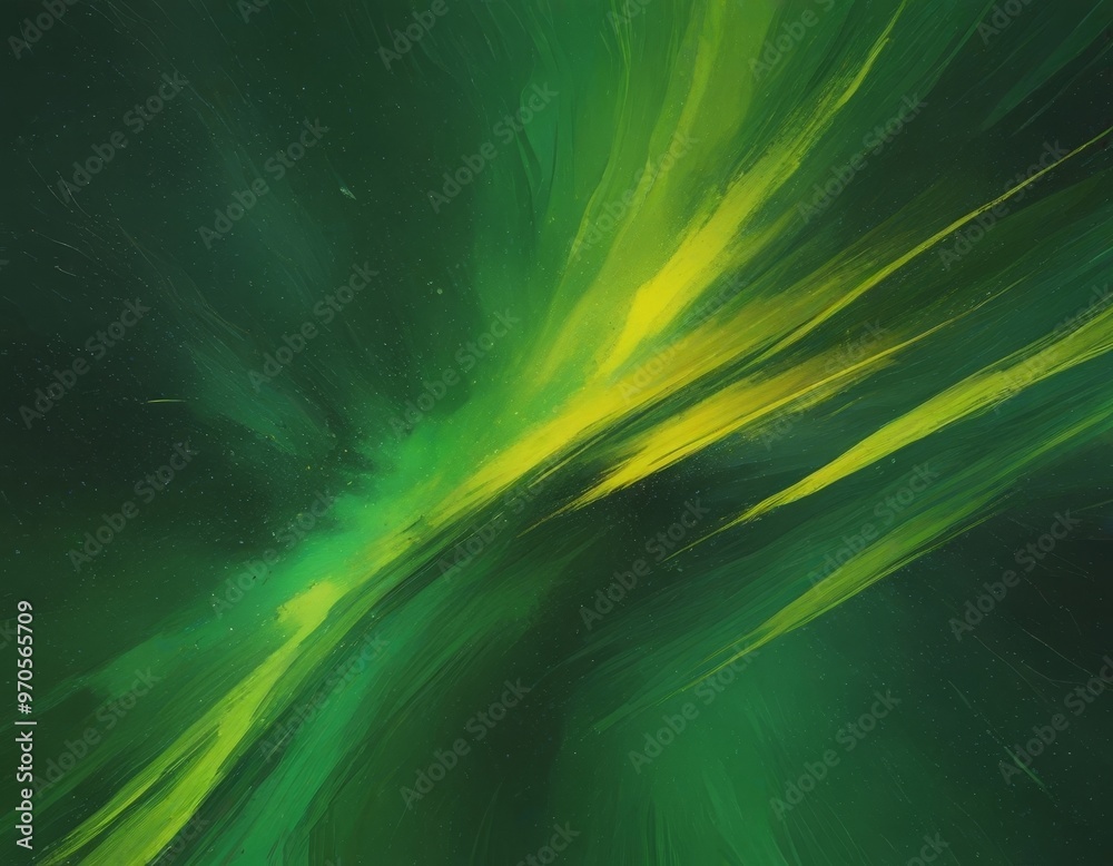 Poster the image is a digital painting depicting a vibrant abstract scene with swirling green and yellow br
