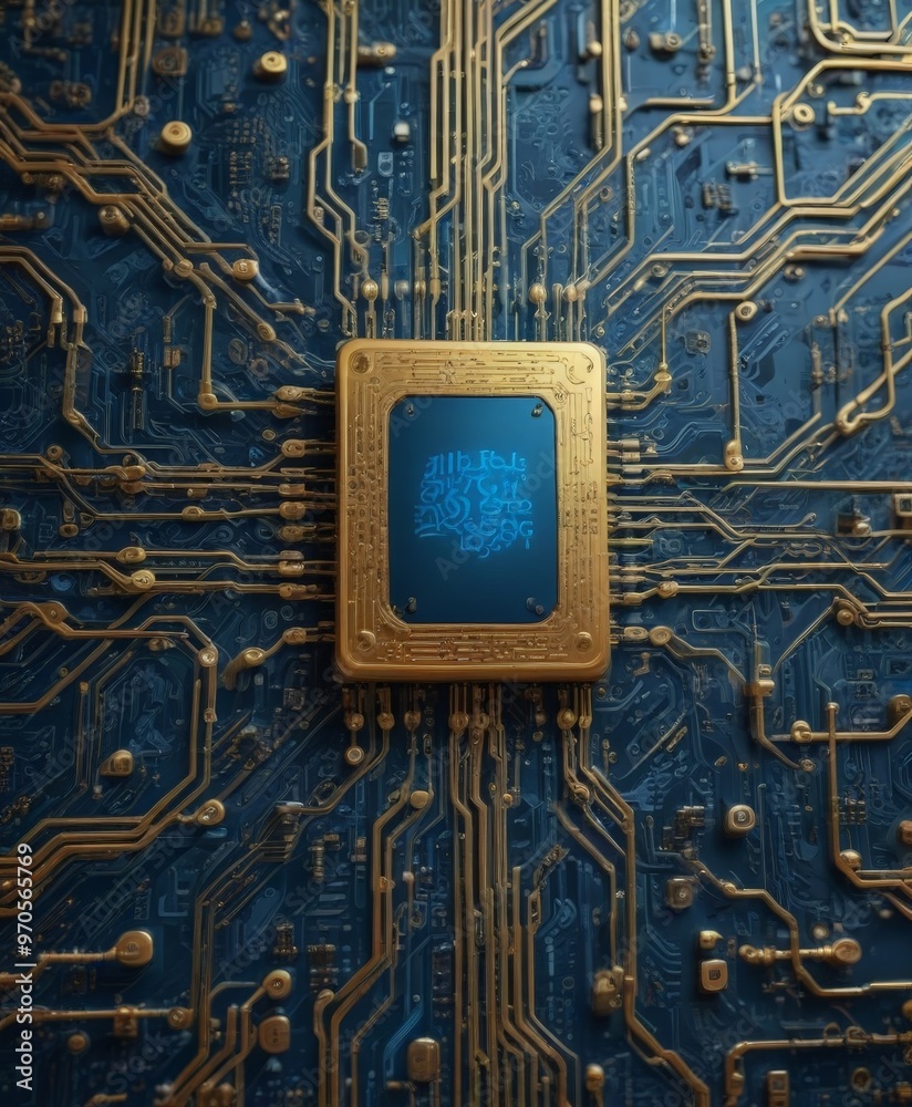 Poster A golden CPU socket is centered on a blue circuit board, surrounded by intricate gold and blue electronic components.