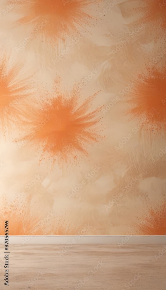 Poster a wall with a vibrant orange and beige pattern, resembling a flower or a burst of color. The wall appears to be textured, adding depth and visual interest to the scene.