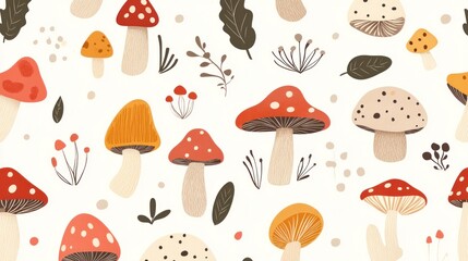 Hand-drawn mushroom pattern with retro outline, for textiles or wrapping.