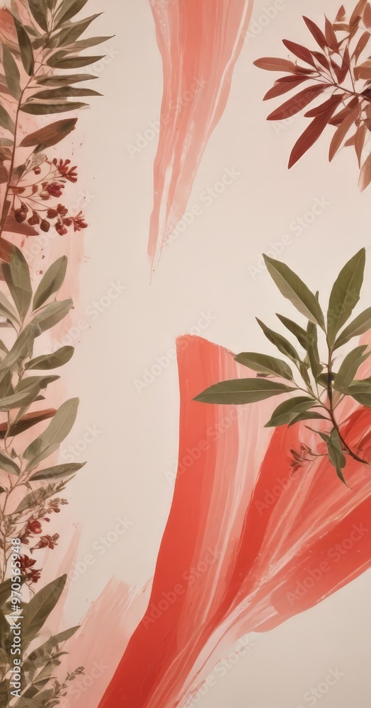 Aufkleber a vibrant abstract composition with a pinkish-orange background, accented by green leaves and red fl