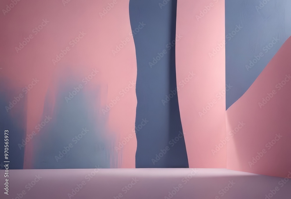 Poster a minimalist interior space with a pink and blue color scheme. the walls are painted in a light pink