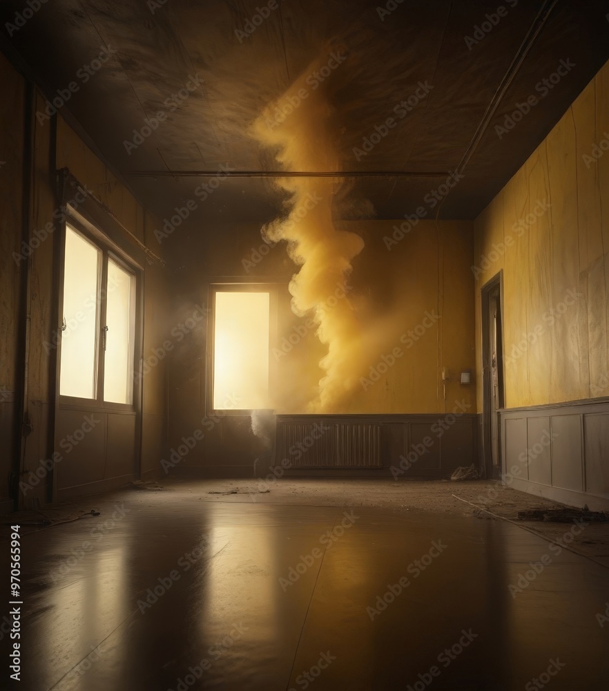 Poster a dimly lit room with a large plume of smoke billowing upwards from the ceiling, creating an ominous