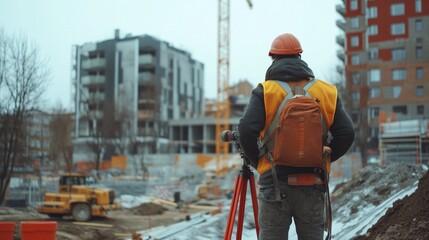 Construction Worker Using Surveying Equipment at a Construction Site