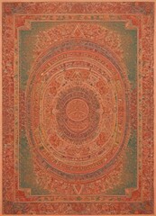 Obraz premium a detailed and intricate Persian rug with a central design surrounded by a border of floral and geometric patterns in shades of orange, green, and red.