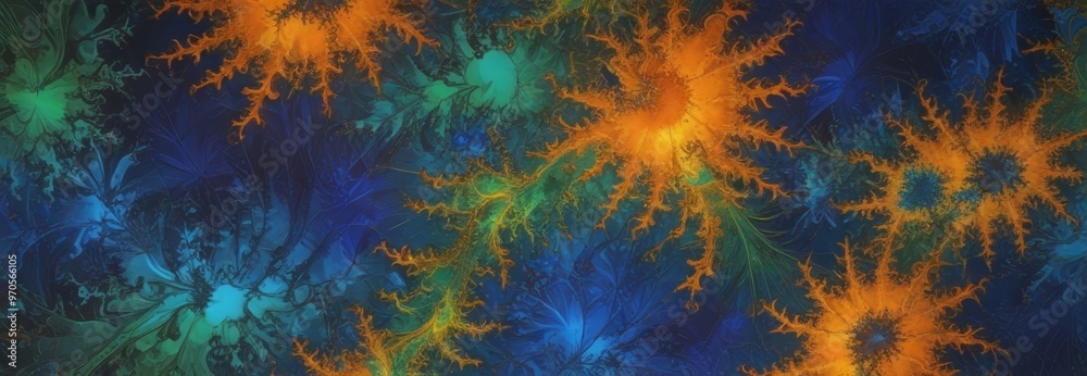 Poster a vibrant abstract pattern composed of overlapping orange and blue shapes, resembling a fractal desi
