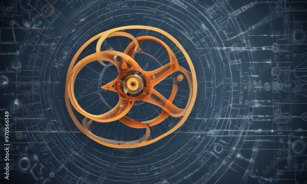 Aufkleber a complex, abstract mechanical design with a central orange gear surrounded by a network of smaller gears and lines, set against a dark background with a grid-like pattern.