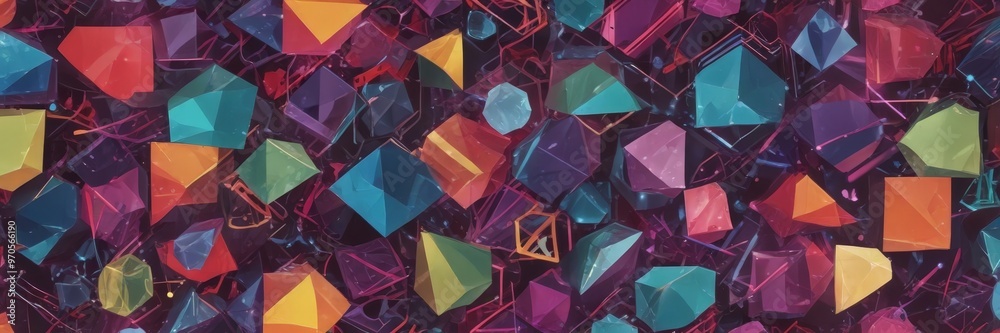 Poster The image is a vibrant and abstract digital artwork featuring a variety of colorful, geometric shapes and patterns.