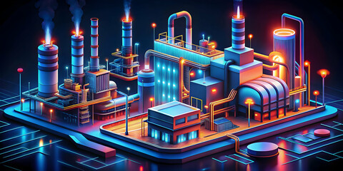 Cyberpunk Industrial Complex: Futuristic factory with vibrant neon lights and intricate circuitry, a mesmerizing blend of industrial power and technological innovation.  