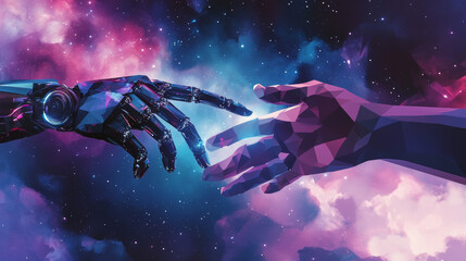 Low poly robot hand reaches out to touch a human hand. This image can be used for a business banner about artificial intelligence. The design features a low-poly style starry sky.