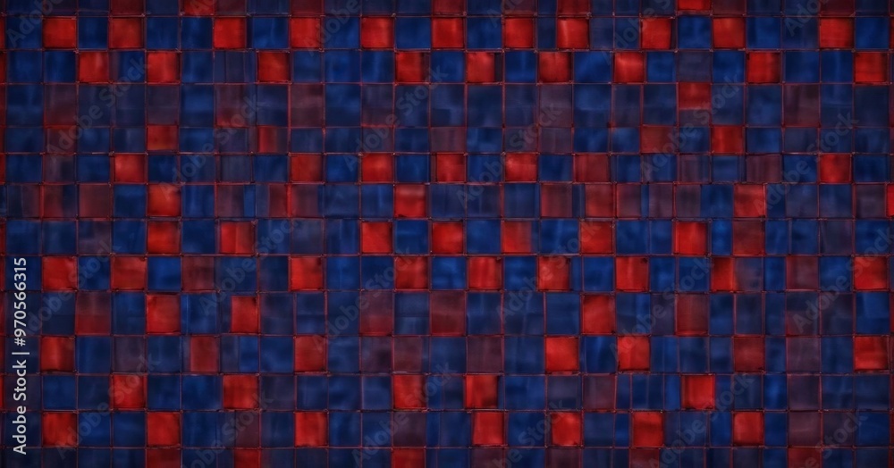 Poster a pattern of red and blue squares arranged in a grid-like fashion, creating a visually striking and symmetrical design.