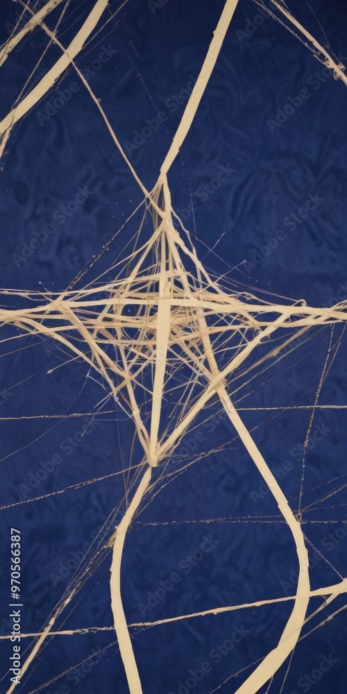 Poster a close-up view of a complex network of intersecting white lines against a deep blue background.