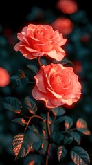 A close-up of two vibrant coral roses surrounded by lush green leaves, illuminated softly against a dark background.