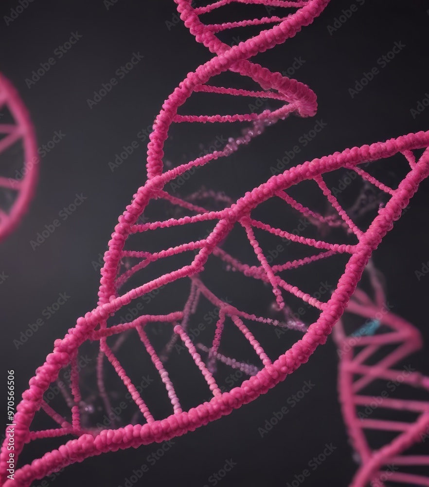 Poster a close-up view of a dna helix, with the helix composed of pink strands against a dark background.