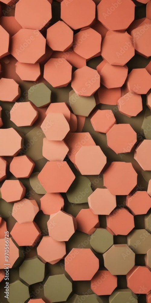 Poster a pattern of overlapping hexagonal shapes in various shades of orange and green, creating a visually striking and abstract design.