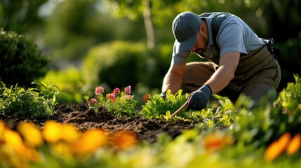 A gardener meticulously tending to a vibrant flower garden, planting and nurturing various blooming flowers in a serene park setting