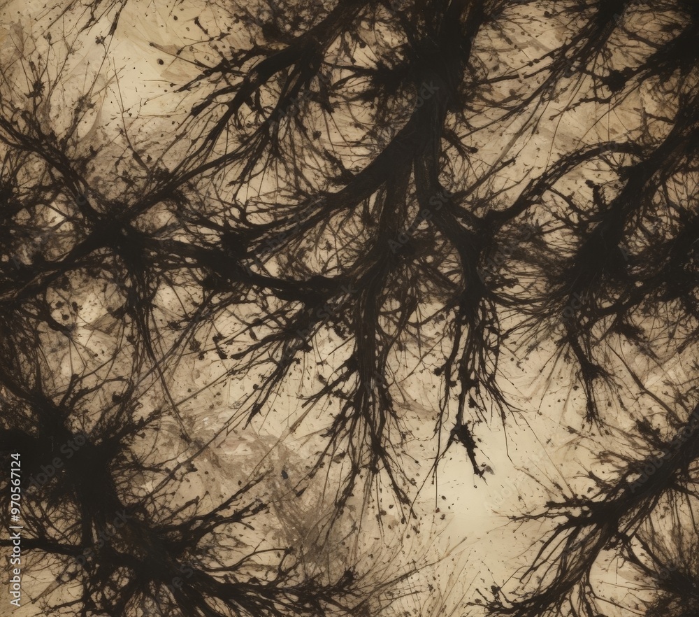 Aufkleber The image is a black and white photograph of a tree with intricate, overlapping branches, creating a sense of depth and complexity.