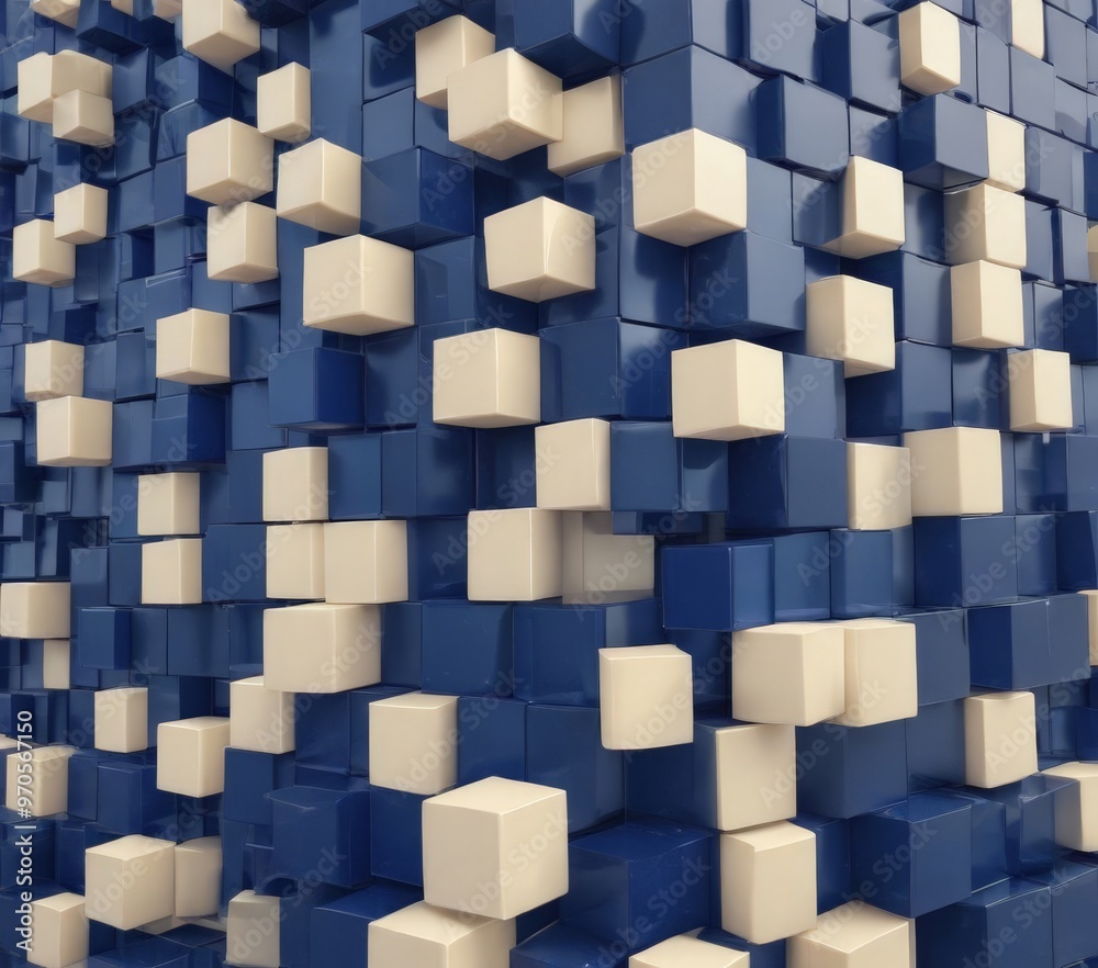 Aufkleber A 3D of a wall composed of numerous white and blue cubes, creating a visually striking and geometric pattern.