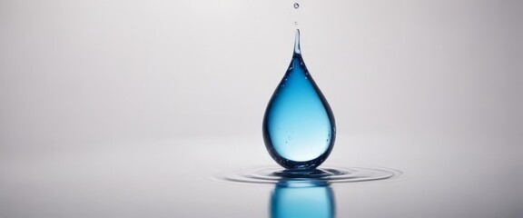 Fototapeta premium A single blue water droplet is captured in mid-air, creating a splash on a calm, reflective surface.