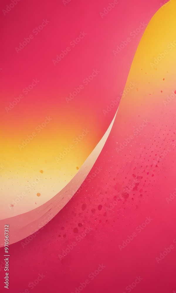 Poster a vibrant abstract composition with a gradient of pink and yellow hues, accented by splashes of white and black. The central focus is a curved line, which appears to be a wave