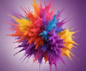 A vibrant explosion of color, featuring a mix of orange, yellow, purple, and blue paint splashes against a purple background.