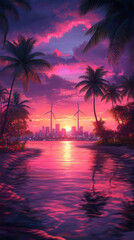 A beautiful sunset over a city with palm trees in the background. The sky is filled with pink and purple hues, creating a serene and calming atmosphere. The city skyline is visible in the distance