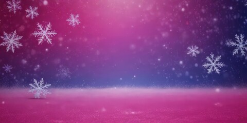 Fototapeta premium a serene winter scene with a gradient background transitioning from deep purple to lighter pink, dotted with white snowflakes. The snowflakes are scattered randomly across