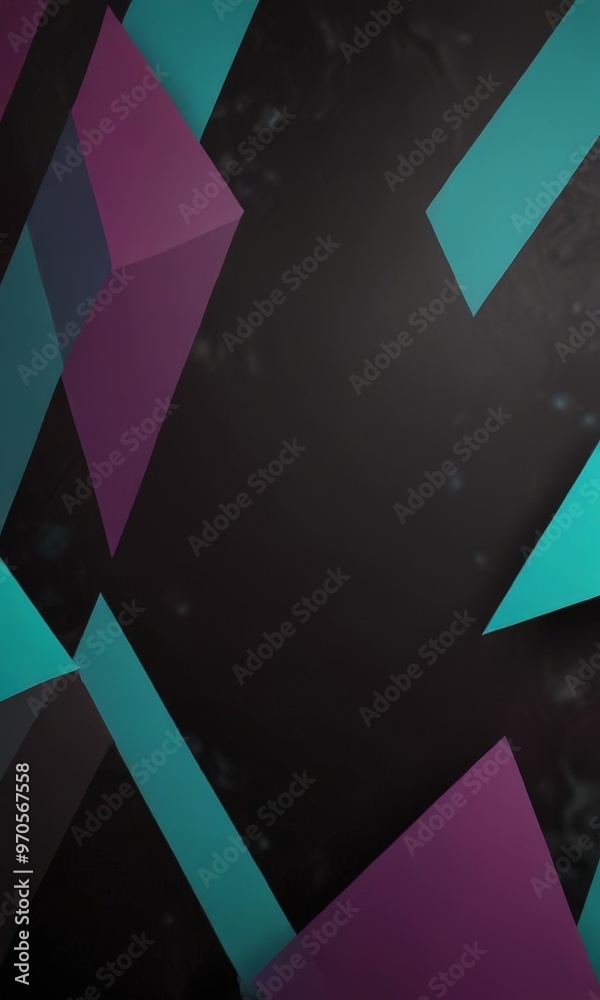 Poster a dark background with geometric shapes in shades of purple, teal, and black, creating a visually st