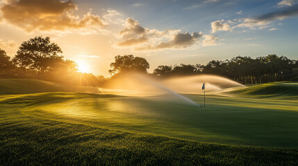 The golf course is being taken care of. Sprinklers are watering the grass. The course looks beautiful at sunset.