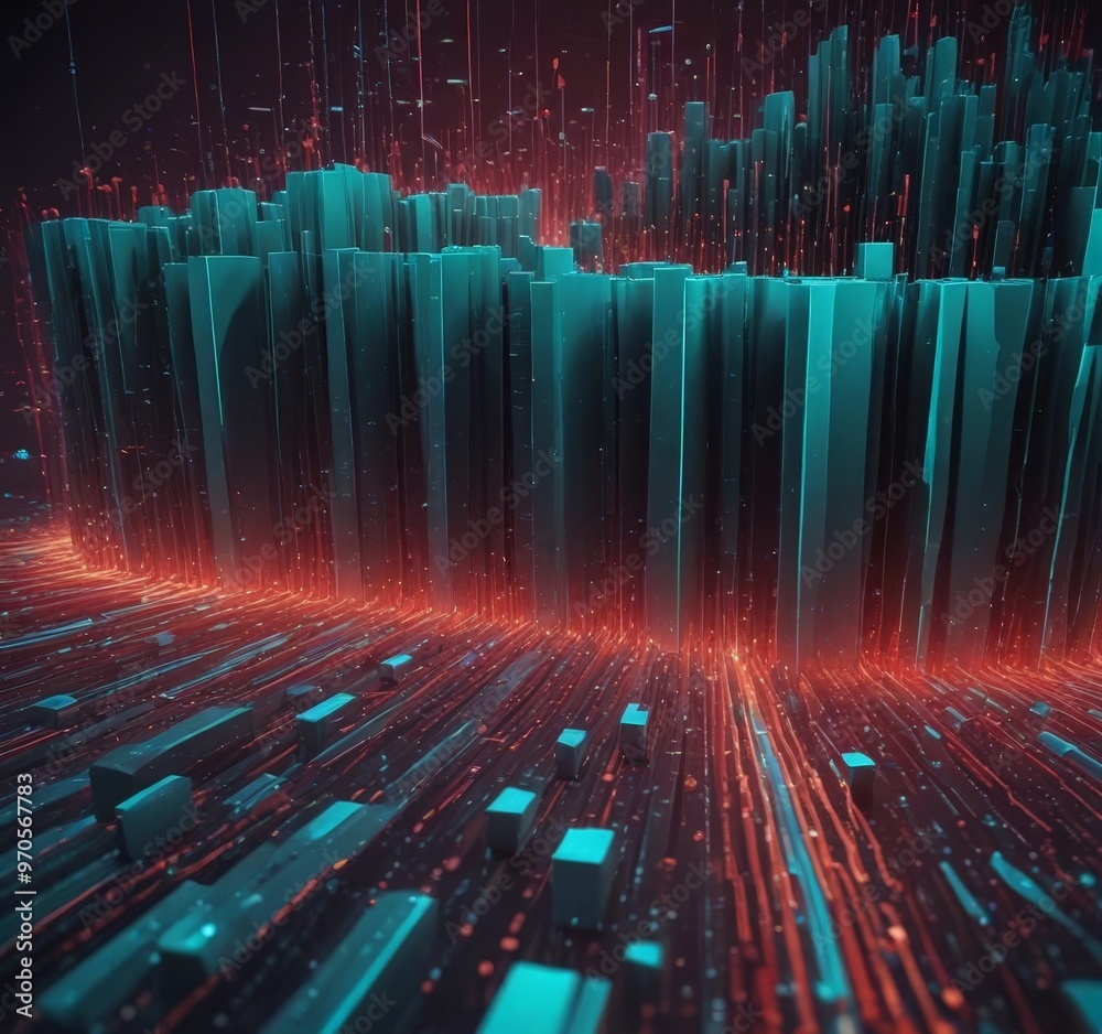 Poster a futuristic cityscape with tall, slender structures in shades of blue and red, surrounded by a network of glowing lines and lights, creating a sense of depth and complexity.