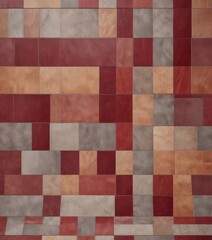a wall composed of square tiles in various shades of red, beige, and gray, arranged in a grid-like pattern.