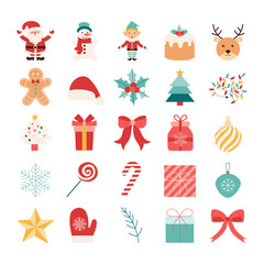 A collection of Christmas icons including a snowman, elf, gingerbread man, candy cane, and a tree