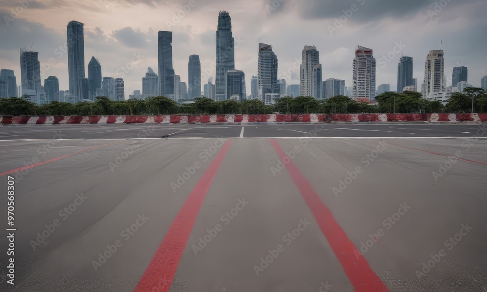 Poster The image captures a cityscape with a large, empty parking lot in the foreground, featuring red and white striped lines. In the background, the city skyline is visible, with