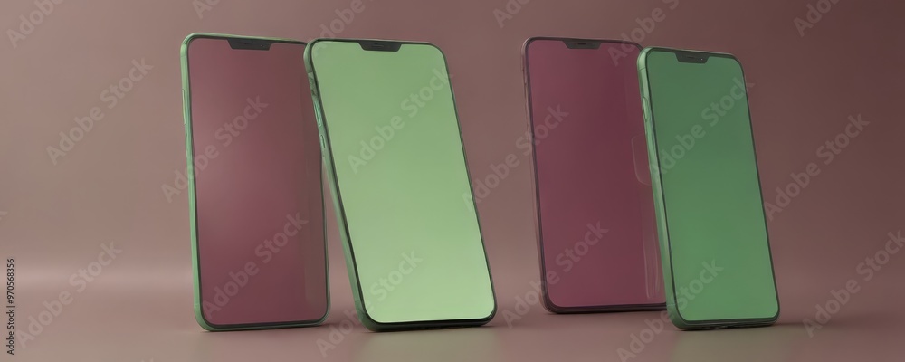 Poster three smartphones with different colored screens are arranged in a row against a pink background.