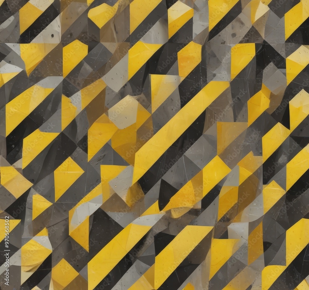 Poster The image is a digital illustration featuring a repeating pattern of intersecting diagonal lines in various shades of yellow, black, and gray, creating a visually striking