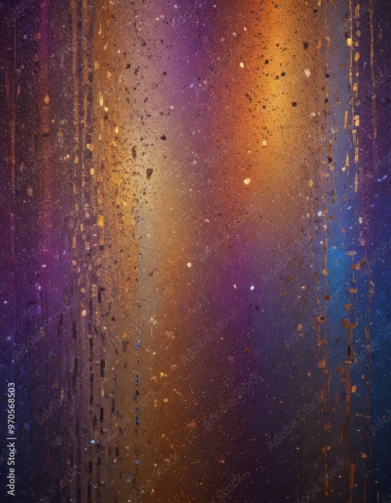 Poster a close-up view of a glass surface with a colorful, abstract pattern of droplets and specks, creating a vibrant and dynamic visual effect.