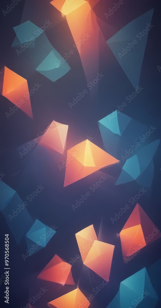 Poster a vibrant abstract composition of overlapping triangular shapes in various shades of orange, blue, and green, creating a dynamic and visually striking pattern against a