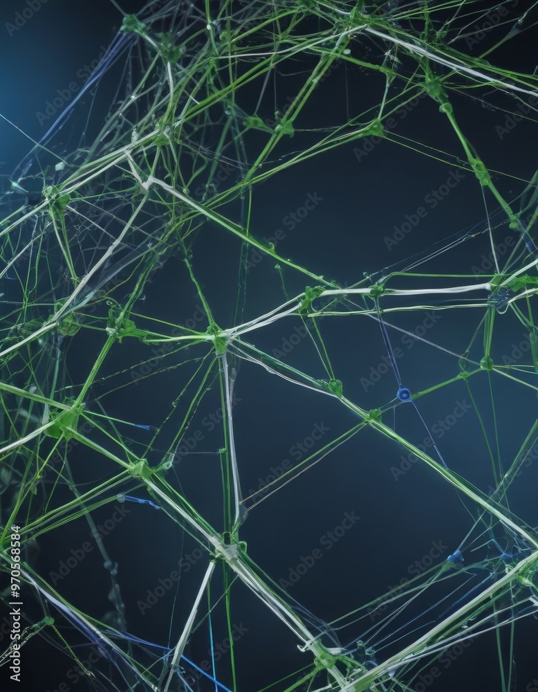 Leinwandbilder a complex network of interconnected lines and tubes, with a dark background and a gradient of green and blue colors.