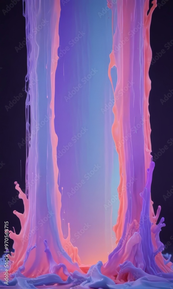 Poster a vibrant abstract composition featuring a central vertical column of fluid, with splashes of pink a