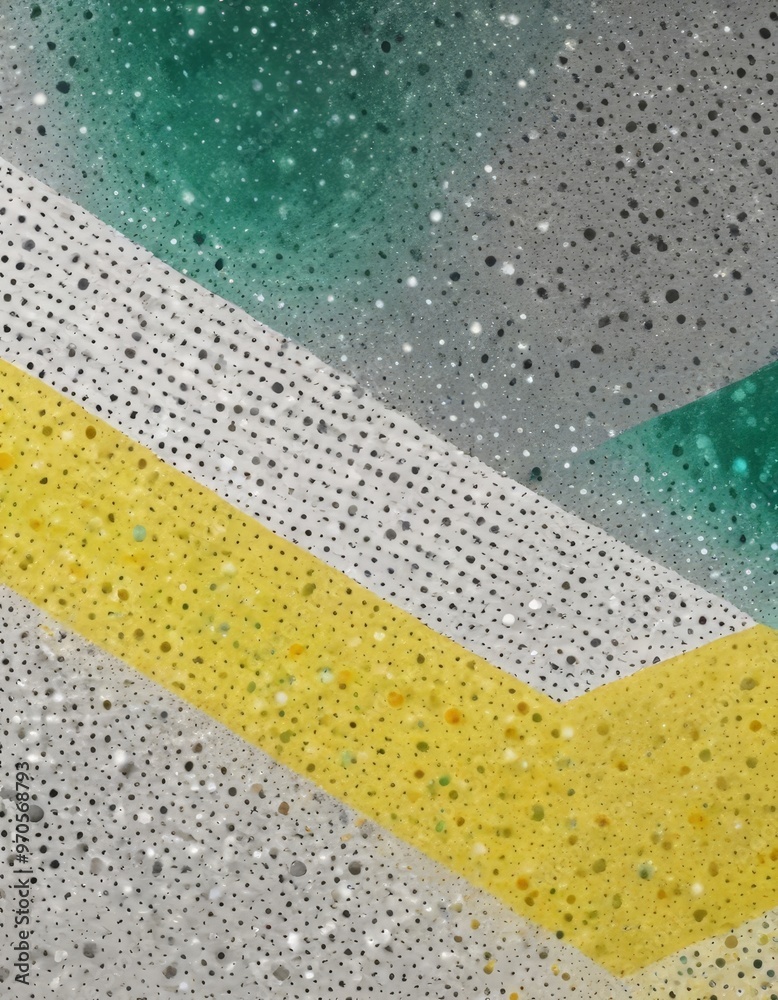 Poster a close-up view of a textured surface with a pattern of small dots in various colors, including yellow, white, and green.