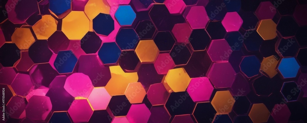 Fototapete a close-up view of a pattern of multicolored hexagonal shapes, with a gradient of colors ranging from deep purple to bright yellow.