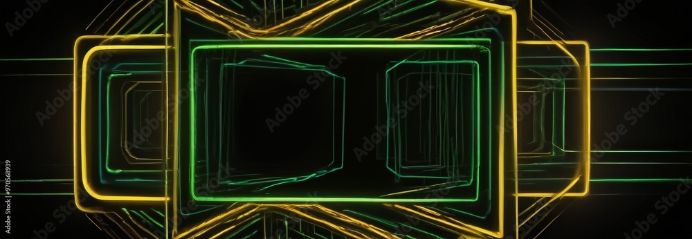 Poster a complex, abstract pattern of neon-colored rectangles and lines, creating a visually striking and dynamic composition.