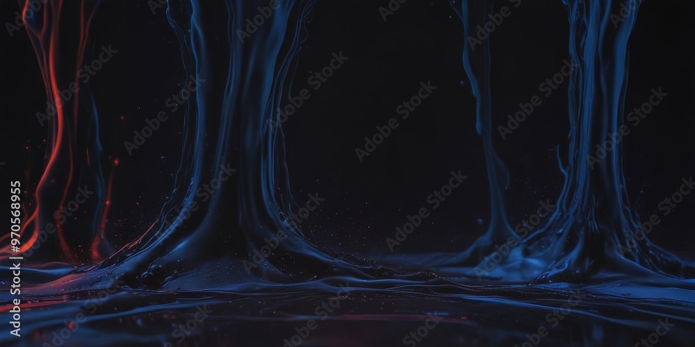 Poster a dark, abstract scene with a central, vertical column of blue liquid that appears to be dripping or
