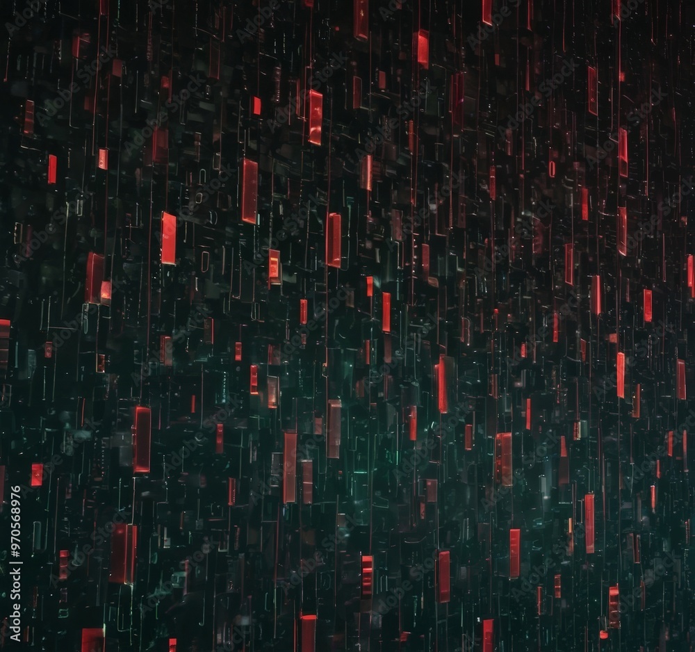Poster a dense, abstract pattern of red and black rectangular shapes, resembling a cityscape or a digital interface, with some areas appearing to be illuminated or glowing.