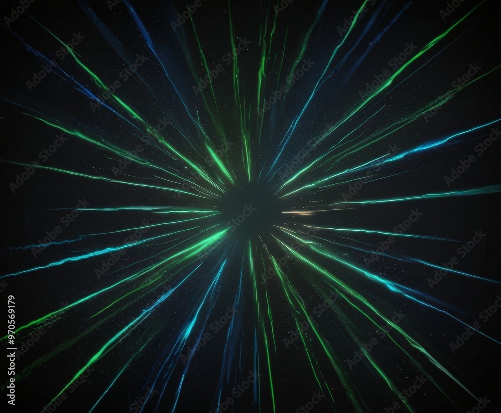 Aufkleber a vibrant burst of green and blue light radiating outwards from a central point, creating a dynamic and visually striking effect.