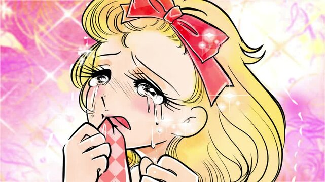 70年代少女漫画風、ハンカチを噛みながら涙を流す金髪縦ロール姿のお嬢様とバラの花吹雪背景のアニメ
