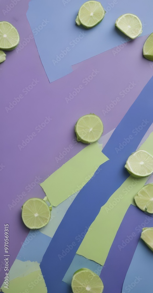 Poster a collection of lime slices arranged on a vibrant purple and blue abstract background.